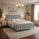 Pat matrimonial Melodie, elemente lemn masiv, tapitat cu stofa, cu somiera,140x200 cm, gri