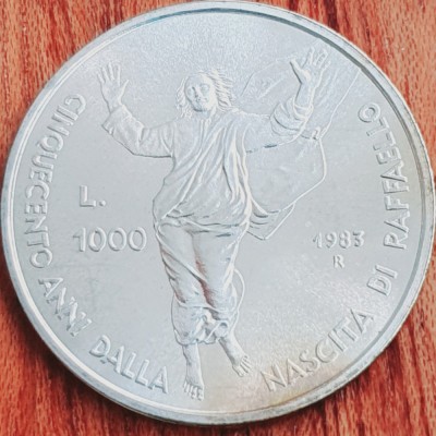 827 San Marino 1000 Lire 1983 Raffaello tiraj 42.000 km 155 UNC argint foto