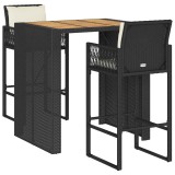 Cumpara ieftin Set bar de gradina 3 piese cu perne Salcam din polirattan negru
