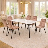 Cumpara ieftin Set masa living Lineo FDT1, blat ceramica, structura metalica, 140x80x75 cm, alb maro si 6 scaune Rizea FDC4, tapiterie catifea, 90 kg, bej