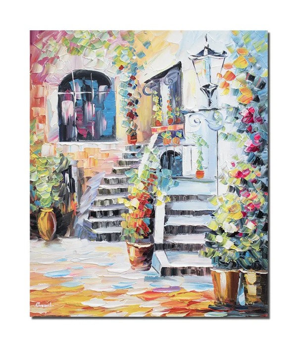 Tablou pictat manual, Acasa in curte, 60x50cm ulei pe panza in cutit efect 3D, gata de expus pe perete