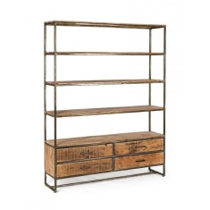 Biblioteca cu 4 polite si 4 sertare din fier gri patinat si lemn maro Elmer 145 cm x 35 cm x 190 h