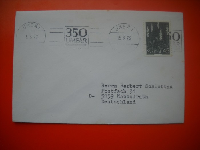 HOPCT PLIC S FDC NR 738 UMEAI 350 ANI 1972 SUEDIA FLORA -NECIRCULAT