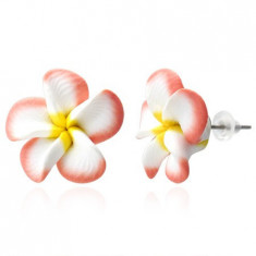 Cercei FIMO - petale roz somon si albe, floare Plumeria foto