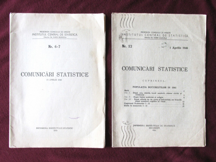 Doua Brosuri &quot;COMUNICARI STATISTICE&quot; an 1945/1946, Instit. Central de Statistica