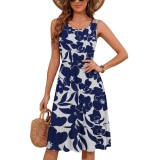 Fustă de vară fără m&acirc;neci pentru femei, model A, lungime p&acirc;nă la genunchi, talie elastică, respirabilă &ndash; floral
