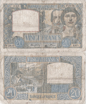 1941 (20 II), 20 francs (P-92b.3) - Franța foto