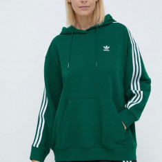 adidas Originals bluză 3-Stripes Hoodie OS femei, culoarea verde, cu glugă, cu imprimeu, IN8400