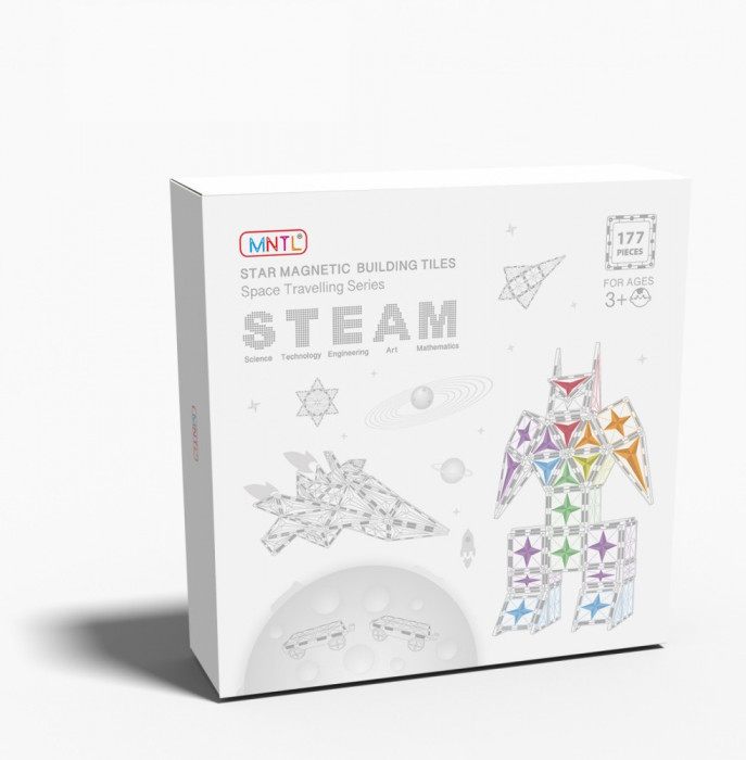 Set de constructie magnetic, 177 piese, Magnetic Tiles, Multicolor de forme geometrice diferite, 2D, 3D