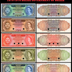 set 5 reproduceri bancnote specimen Seria 1974-1976 Government of Belize