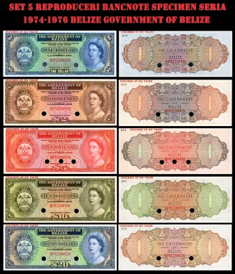 set 5 reproduceri bancnote specimen Seria 1974-1976 Government of Belize foto