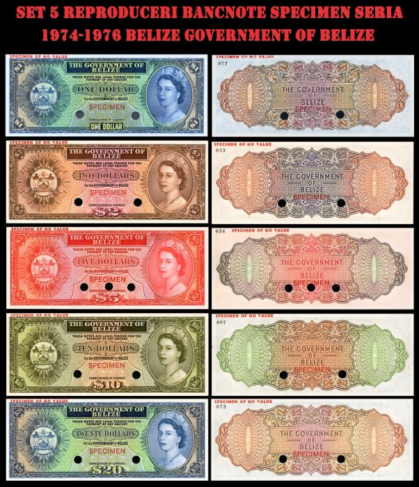 set 5 reproduceri bancnote specimen Seria 1974-1976 Government of Belize