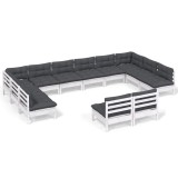 Set mobilier de gradina cu perne, 12 piese, alb, lemn masiv pin