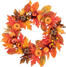 Hife Coroana de toamna pentru u?a de toamna, frunze de ar?ar, dovleac, cone de pin, coroana de recolta pentru u?a din fa?a, decora?iuni de Halloween d foto