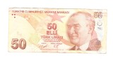 Bancnota Turcia 50 lire 2009 (2020), seria D, circulata, stare buna