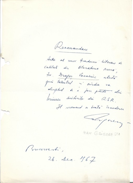 A3257N Document scris și semnat olograf de Ioan Grigorescu, 1967