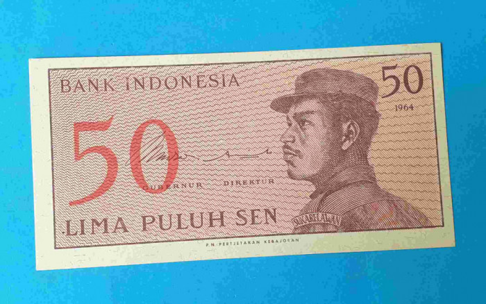 Bancnota Indonezia 50 Lima Puluh Sen 1964 - serie XYS 093303 - UNC Superba