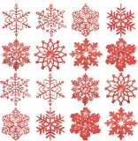 Set de 16 fulgi de Craciun cu sclipici Fangoo, plastic, rosu, 12,7 cm