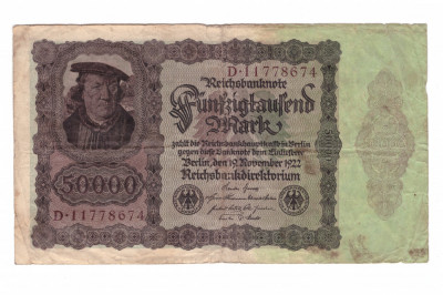 Bancnota Germania 50000 mark/marci 19 noiembrie 1922, fond rosiatic, circulata foto