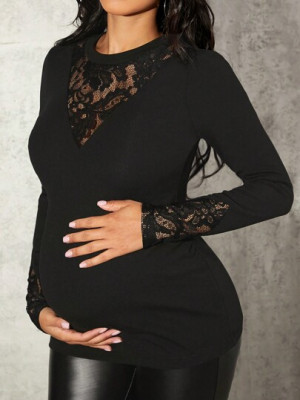 Bluza cu detalii dantela si maneca lunga, Maternity, negru, dama, Shein foto