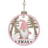Ornament Brad Crăciun, Glob Lemn, Figură Gnome, Detalii Glitter, Culoare Roz, 11cm, Oem