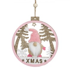 Ornament Brad Crăciun, Glob Lemn, Figură Gnome, Detalii Glitter, Culoare Roz, 11cm