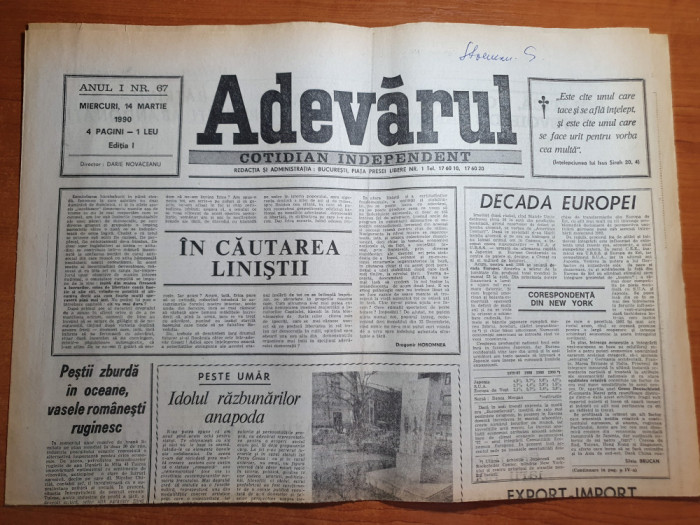 adevarul 14 martie 1990-art. in cautarea linistii