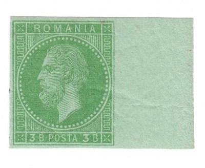 ROMANIA 1872 CAROL I PARIS 3 BANI VERDE MARGINE DE COALA NEDANTELAT MNH foto