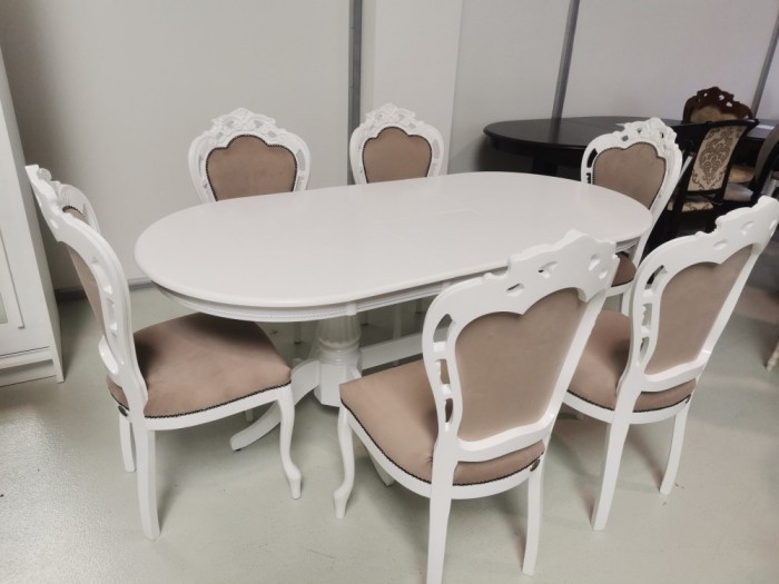 Set lux masa alba extensibila 150/190/90/77 h + 6 scaune tapitate bej PERSONALIZABIL PE CULORI