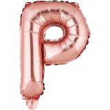 Balon folie metalizata litera p, flippy, 40 cm, umflati cu heliu sau aer, ambalaj individual, pai inclus, rose gold