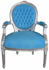 Semifotoliu baroc din lemn argintiu cu tapiterie bleu CAT519E08