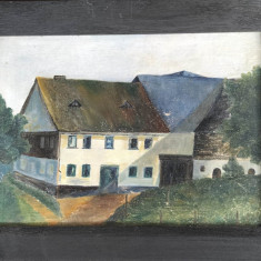 Peisaj cu case, pictură veche pe pânză semnată în monogramă