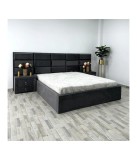 Pat Gri 160x200 cm cu Saltea si 2 Noptiere Albastre Tapitate Catifea. Set Dormitor Complet. Transport Gratuit