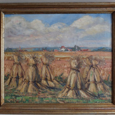 Anton Baur (1899-1956)-Snopi de grâu în peisaj rural (1942) - pictură pe pânză