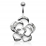 Piercing pentru buric din oțel inoxidabil, trandafir alb cu zirconii transparente