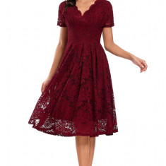 Rochie eleganta din dantela cu decolteu in V, lungime midi, maneca scurta, ideala pentru petreceri, nunta, bal, culoare rosu bordo, marimea XL