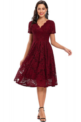 Rochie eleganta din dantela cu decolteu in V, lungime midi, maneca scurta, ideala pentru petreceri, nunta, bal, culoare rosu bordo, marimea XL foto