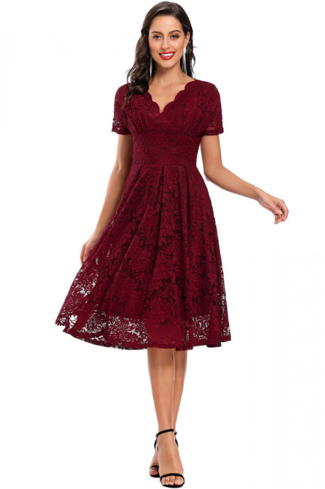 Rochie eleganta din dantela cu decolteu in V, lungime midi, maneca scurta, ideala pentru petreceri, nunta, bal, culoare rosu bordo, marimea XL