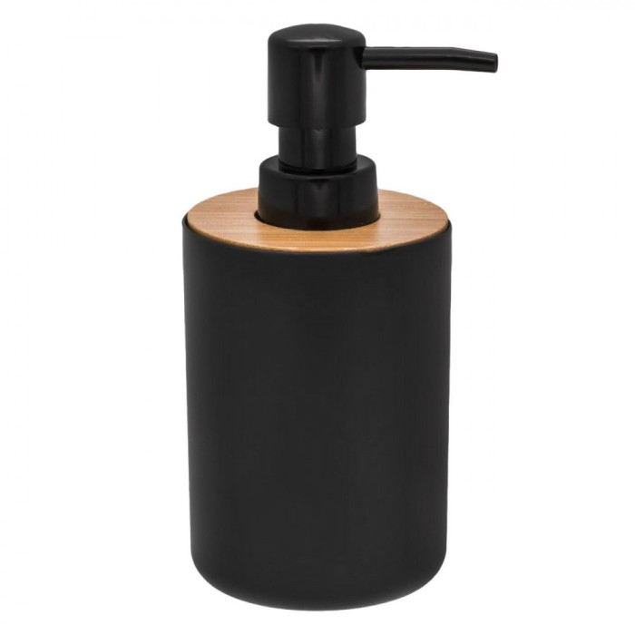 Dozator Săpun Lichid, Capacitate 315 ml, Plastic Negru, Capac Bambus