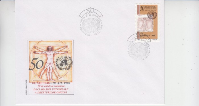 C12 - FDC Romania - 50 ani semn Declaratiei Univ a Drept Omului - LP1469 - 1998