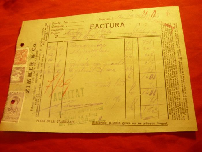 Factura Firmei Zimmer &amp; Comp. SA- Uleiuri vegetale , lacuri ...1943 Bucuresti