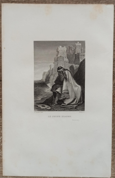 Le jeune diacre// gravura de carte sec. XIX, A. Johannot pinx