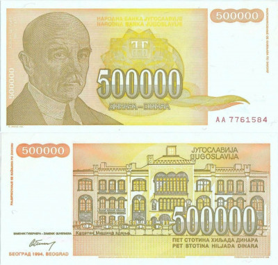 1994 , 500,000 dinara ( P-143a ) - Iugoslavia - stare UNC foto