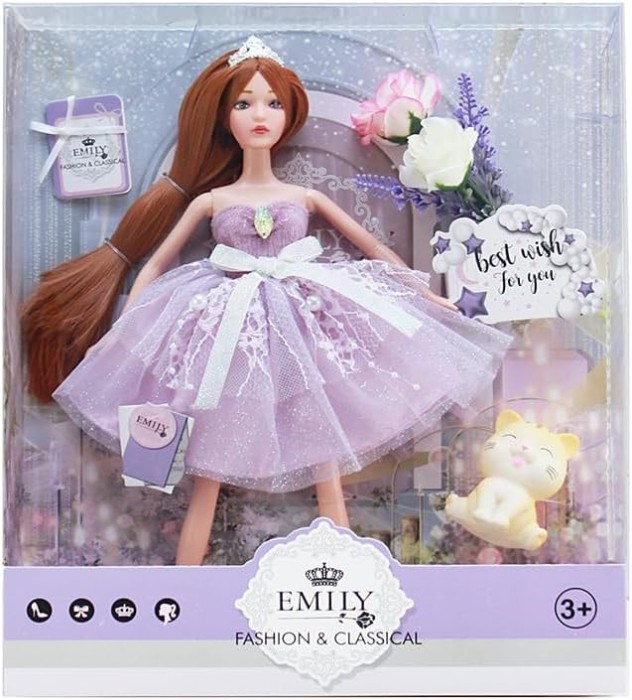 Papusa Emily 30 cm cu rochita eleganta si figurina pisicuta