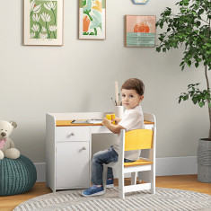 Masa de birou ZONEKIZ pentru copii cu scaun, birou de scoală pentru copii de 3-6 ani din lemn cu sertar si scaun asortat, alb