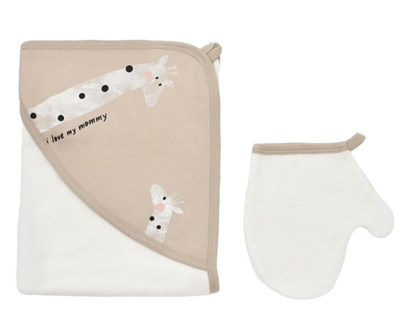 Set de baie cu prosop si manusa Girafa, BabyCosy, Mink