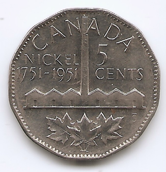 Canada 5 cenți 1951- George VI, (Descoperirea nichelului) KM-48