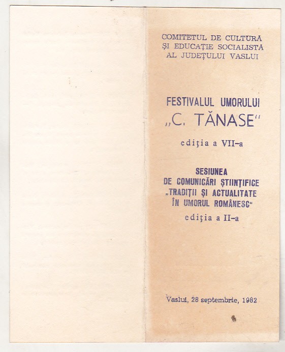 bnk div Vaslui 1982 - Festivalul umorului C Tanase - Program si foto
