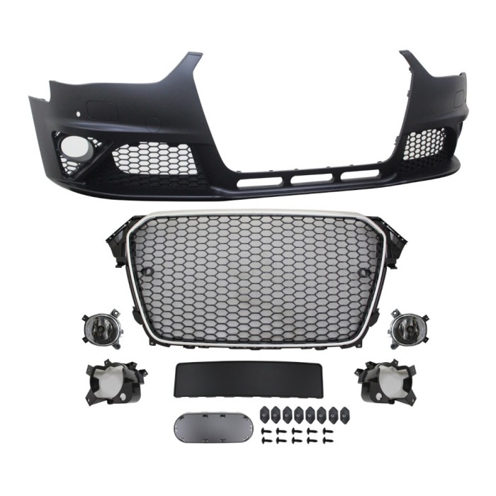 Set bara fata AUDI A4/S4 (B8), 11.2011-12.2015, cu rame cromate, cu lampi ceata, cu gauri spalator si 4 senzori parcare; grunduit, de vopsit; type RS