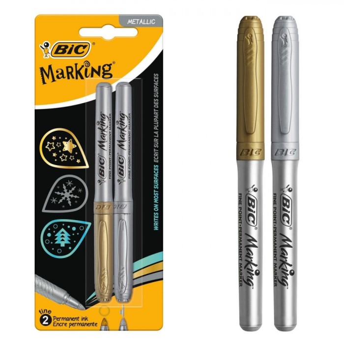 Markeri Permanenți Subțiri, BIC, Set 2 Bucăți, Culori Auriu și Argintiu